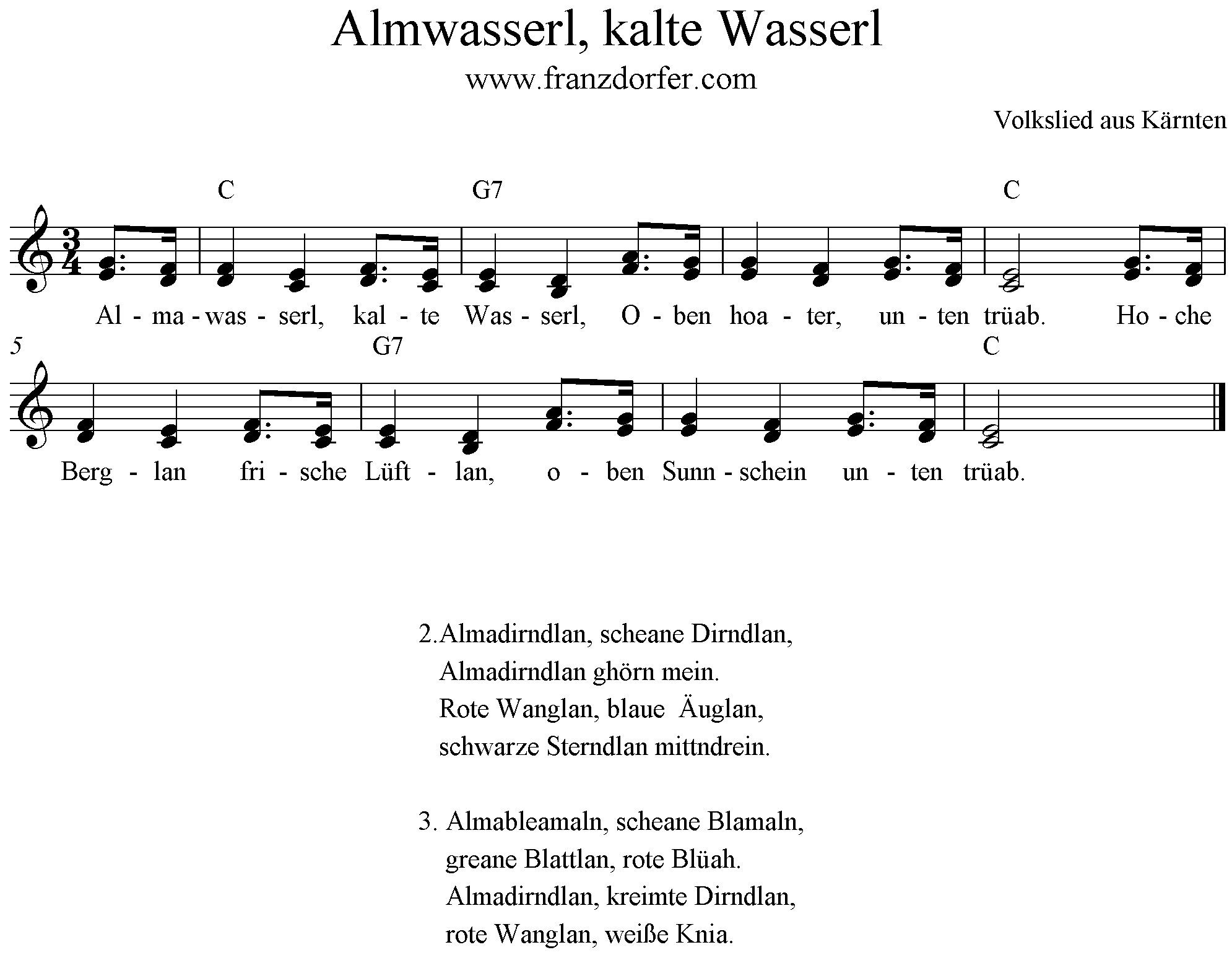 Noten Almawasserl, kalte Wasserl, C-Dur